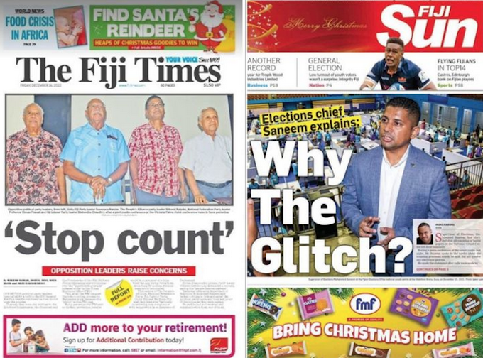 How the Fiji Times and the Fiji Sun today reported the controversial elections data glitch