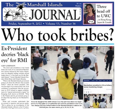 The Marshall Islands Journal's page one when the bribery story broke