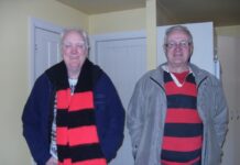 Jeremy Agar (right) and Murray Horton in Crusaders/Canterbury supporters regalia