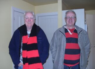 Jeremy Agar (right) and Murray Horton in Crusaders/Canterbury supporters regalia