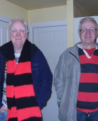 Jeremy Agar (right) and Murray Horton in Crusaders/Canterbury supporters regalia