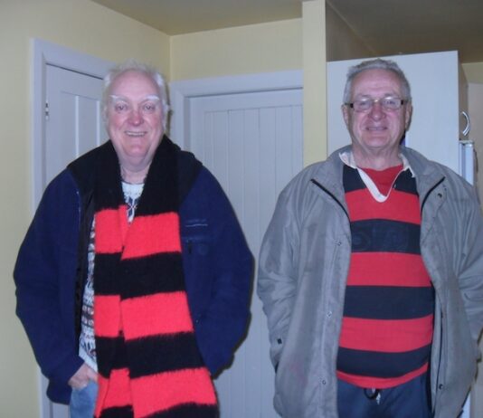 Jeremy Agar (right) and Murray Horton in Crusaders/Canterbury supporters regalia