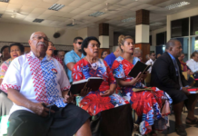 New Fiji Prime Minister leader Sitiveni Rabuka singing at church ahead of announcing the formation of a coalition government
