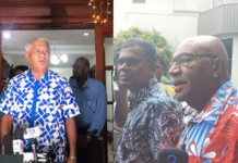 Sodelpa's vice-president Anare Jale (left) and Professor Biman Prasad of the National Federation Party and the People's Alliance leader Sitiveni Rabuka (right).