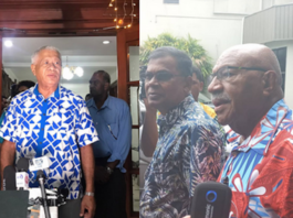 Sodelpa's vice-president Anare Jale (left) and Professor Biman Prasad of the National Federation Party and the People's Alliance leader Sitiveni Rabuka (right).