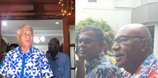 Sodelpa's vice-president Anare Jale (left) and Professor Biman Prasad of the National Federation Party and the People's Alliance leader Sitiveni Rabuka (right).