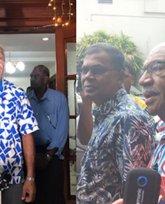 Sodelpa's vice-president Anare Jale (left) and Professor Biman Prasad of the National Federation Party and the People's Alliance leader Sitiveni Rabuka (right).