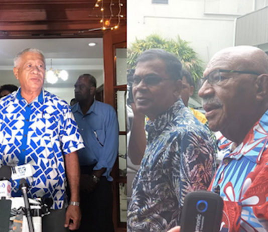 Sodelpa's vice-president Anare Jale (left) and Professor Biman Prasad of the National Federation Party and the People's Alliance leader Sitiveni Rabuka (right).