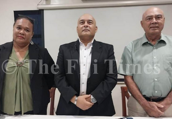 Newly appointed Fiji Broadcasting Corporation (FBC) chair Ajay Bhai Amrit (centre)