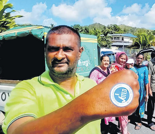 Mohammed Riyaz and his family after voting at Conua District School at Kavanagasau, Nadroga, in last month's Fiji general election