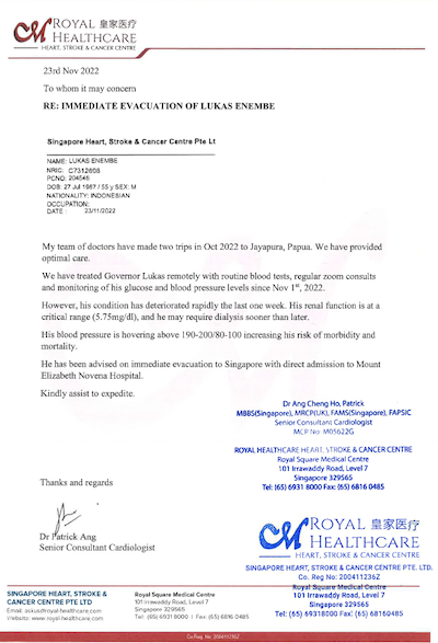 The November 2022 letter from the Singaporean doctors appealing for Governor Enembe's medical evacuation