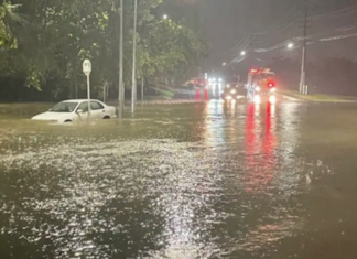 Flooding on the corner of Seabrooke and Margan avenues in New Lynn