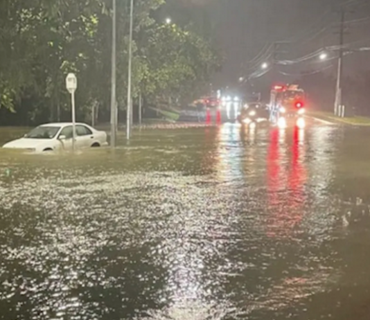 Flooding on the corner of Seabrooke and Margan avenues in New Lynn
