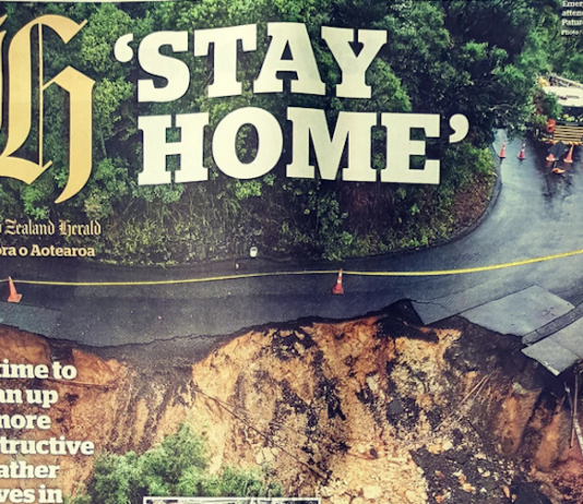 "Stay Home" warning today on the New Zealand Herald's front page