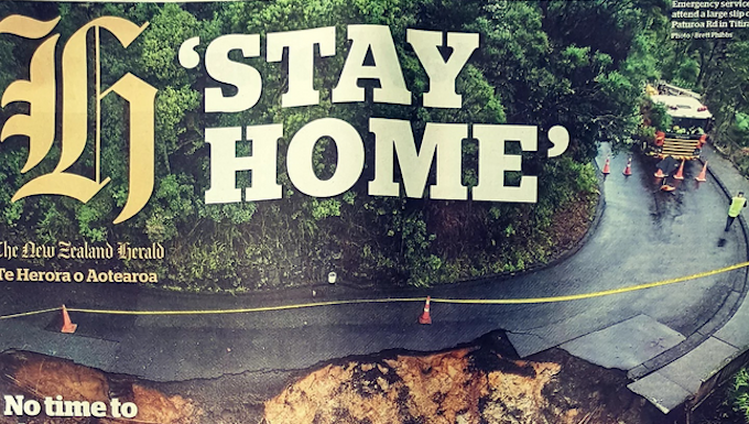 "Stay Home" warning today on the New Zealand Herald's front page