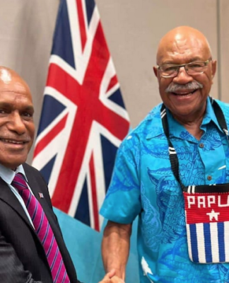 West Papuan leader Benny Wenda (left) and Fiji Prime Minister Sitiveni Rabuka