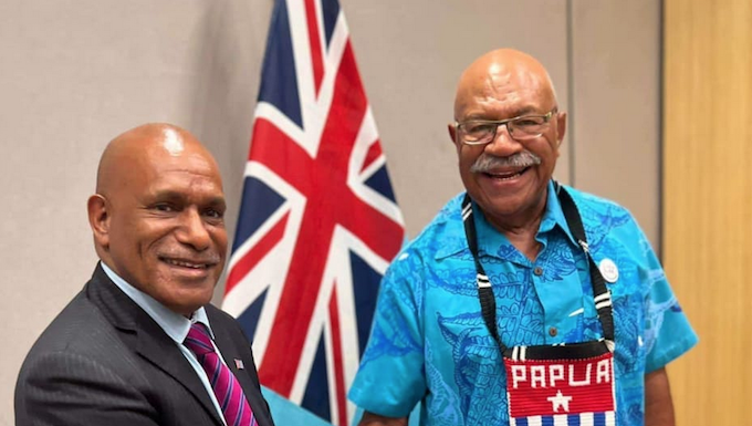 West Papuan leader Benny Wenda (left) and Fiji Prime Minister Sitiveni Rabuka