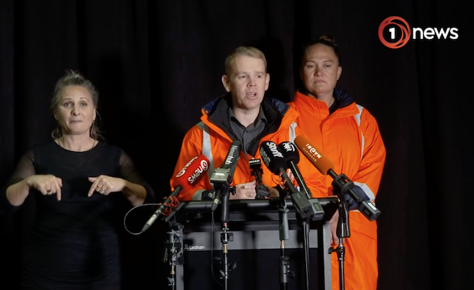 Prime Minister Chris Hipkins speaking at a media briefing today