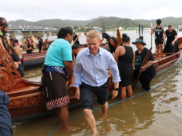 Prime Minister Chris Hipkins, who was wearing formal attire after meeting with Iwi chairs, rolled up his suit pants to join rangatahi who were waka training at Waitangi on 3 February 2023