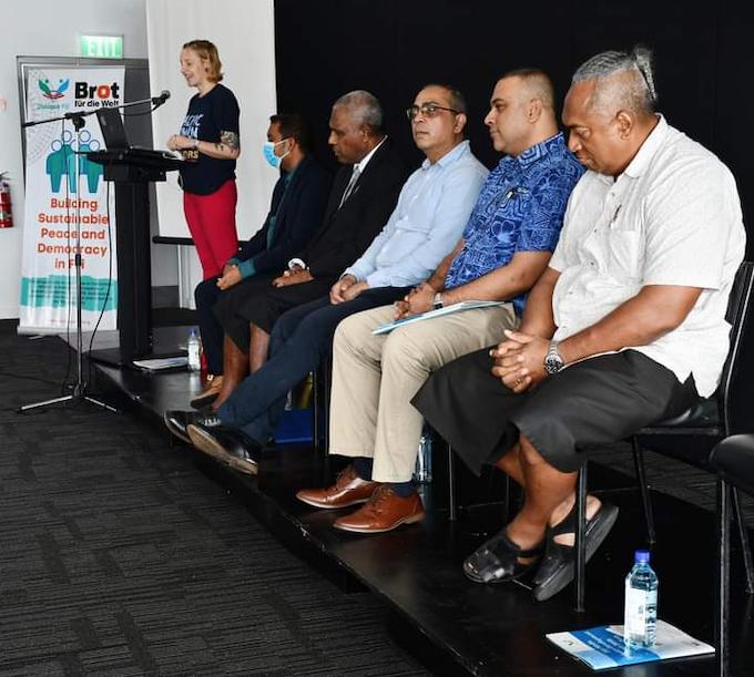 The editors panel during the launch of an analysis report on the Fiji media law