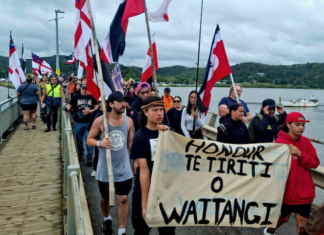 People holding a "Honour Te Tiriti o Waitangi" sign at Waitangi.