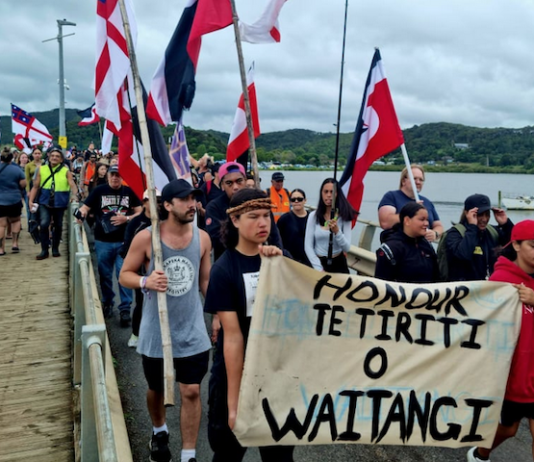People holding a "Honour Te Tiriti o Waitangi" sign at Waitangi.