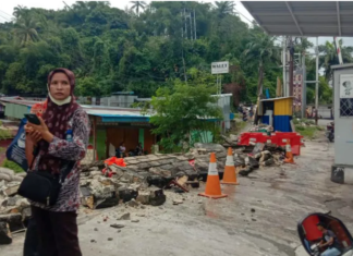 A woman in Jayapura stands next to a collapsed wall after the quake