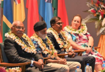 Fiji’s Prime Minister Sitiveni Rabuka (left) apologises to USP vice-chancellor Professor Pal Ahluwalia