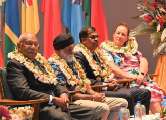 Fiji’s Prime Minister Sitiveni Rabuka (left) apologises to USP vice-chancellor Professor Pal Ahluwalia