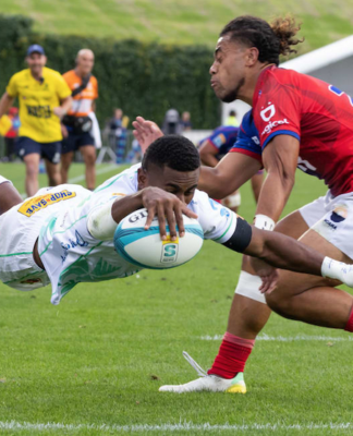 Fijian Drua replacement Taniela Rakuro dives over to score the match winning try