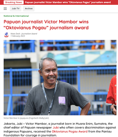 Tabloid Jubi coverage of the Oktovianus Pogau award to Victor Mambor