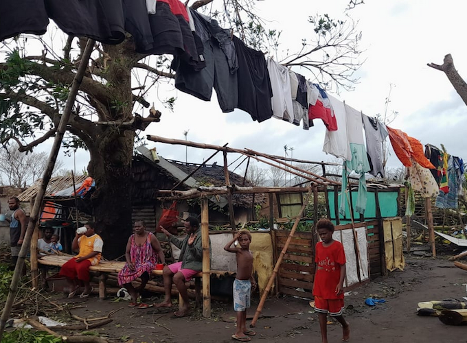 A ni-Vanuatu family at the Blacksands community in Port Vila on Efate Island in the wake of Tropical Cyclone Kevin