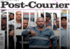 Papua New Guinean David Goli in his "chained" Port Moresby protest as he appeared on the front page of the Post-Courier in 2015