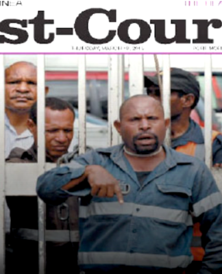 Papua New Guinean David Goli in his "chained" Port Moresby protest as he appeared on the front page of the Post-Courier in 2015