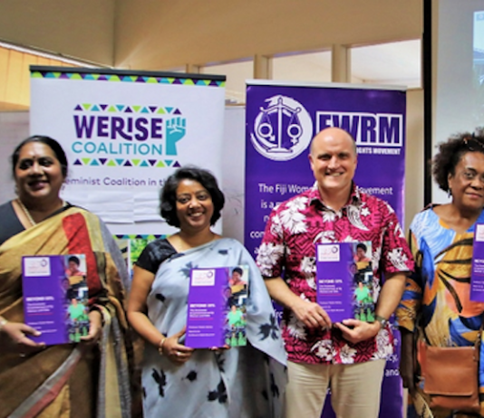 Assistant Minister for Women, Children and Poverty Alleviation Sashi Kiran (second from left) with Fiji Women's Rights Movement staff during the launch of the research report "Beyond 33 percent"
