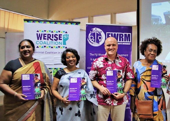 Assistant Minister for Women, Children and Poverty Alleviation Sashi Kiran (second from left) with Fiji Women's Rights Movement staff during the launch of the research report 