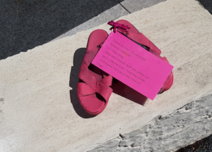 Pink shoes in St Patrick's Cathedral plaza, Auckland 080323