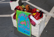 Shoes donated by a woman passerby in the Pink Shoe event at the St Patrick's Cathedral plaza, Auckland, today