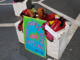 Shoes donated by a woman passerby in the Pink Shoe event at the St Patrick's Cathedral plaza, Auckland, today