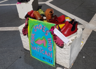 Shoes donated by a woman passerby in the Pink Shoe event at the St Patrick's Cathedral plaza, Auckland, today