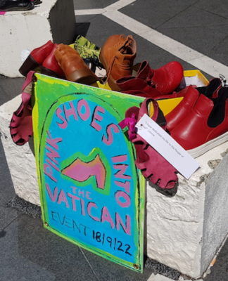Shoes donated by a woman passerby in the Pink Shoe event at the St Patrick's Cathedral plaza, Auckland, today