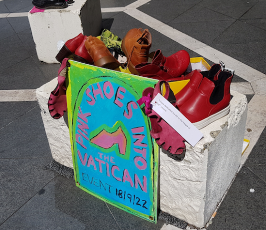 Shoes donated by a woman passerby in the Pink Shoe event at the St Patrick's Cathedral plaza, Auckland, today