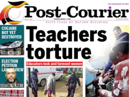 Today's PNG Post-Courier front page . . . teachers alleged to have tortured the women on a Porgera school campus 070323