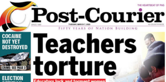 Today's PNG Post-Courier front page . . . teachers alleged to have tortured the women on a Porgera school campus 070323