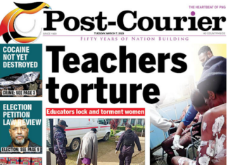 Today's PNG Post-Courier front page . . . teachers alleged to have tortured the women on a Porgera school campus 070323