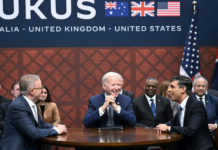 US President Joe Biden (centre) participates in a trilateral meeting with British Prime Minister Rishi Sunak (right) and Australia's Prime Minister Anthony Albanese