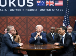 US President Joe Biden (centre) participates in a trilateral meeting with British Prime Minister Rishi Sunak (right) and Australia's Prime Minister Anthony Albanese