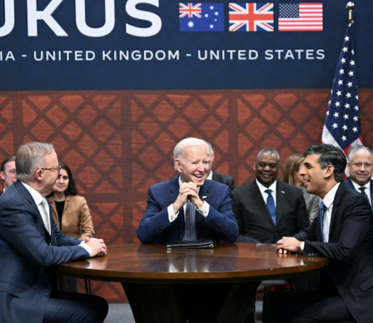 US President Joe Biden (centre) participates in a trilateral meeting with British Prime Minister Rishi Sunak (right) and Australia's Prime Minister Anthony Albanese
