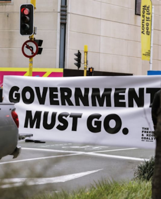 An anti-government protester in Wellington marching towards Parliament