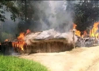 A burning West Papuan honai (traditional house) said to have been set alight by Indonesian troops